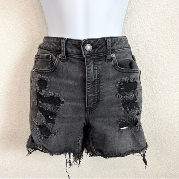 American Eagle Black Distressed High Rise Shorts - Picture 1 of 6